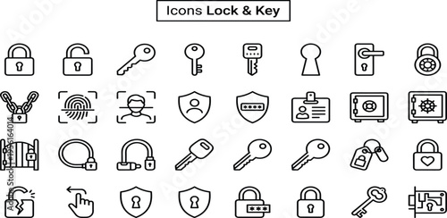 Set of security and access icons including locks, keys, chains, fingerprints, shields, safes, and identification cards