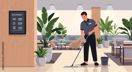 Man cleaning floor with mop in office.