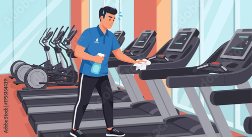 Man cleaning gym equipment with spray and cloth.