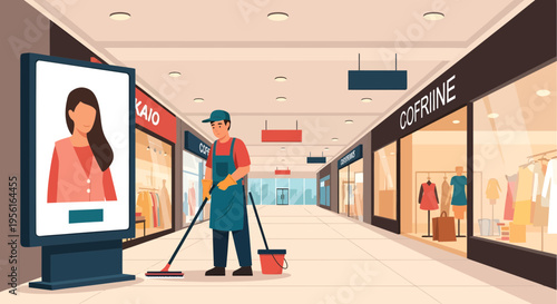 Man cleaning mall floor with mop and bucket.