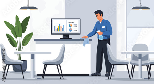 Man cleaning office desk with spray bottle and cloth 1.