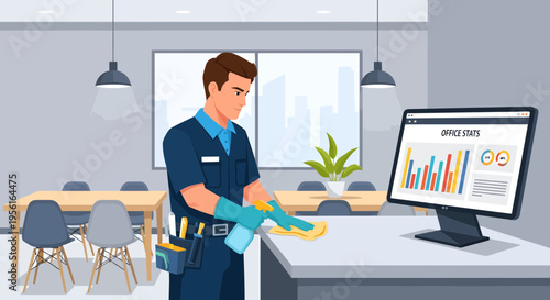 Man cleaning office desk with spray bottle and cloth.