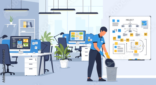 Man cleaning office with mop and bucket.