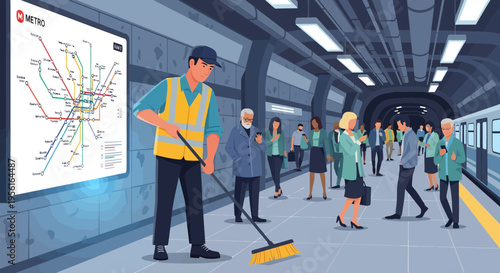 Man cleaning subway station platform with broom.