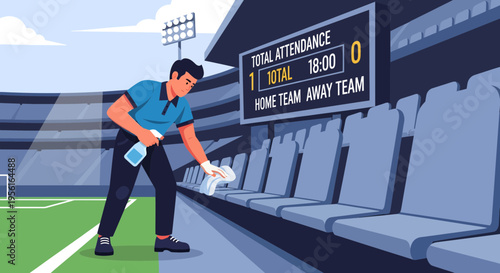 Man cleaning stadium seats with spray bottle and cloth.