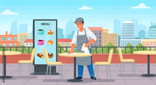Man cleaning table at outdoor cafe with menu display.