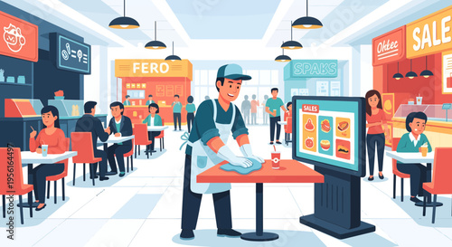Man cleaning table in a busy restaurant setting.