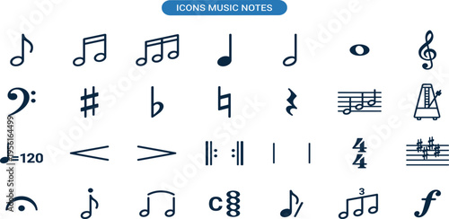 Collection of Music Notation Symbols, Including Notes, Rests, Clefs, and Rhythmic Indicators for Musical Composition and Education