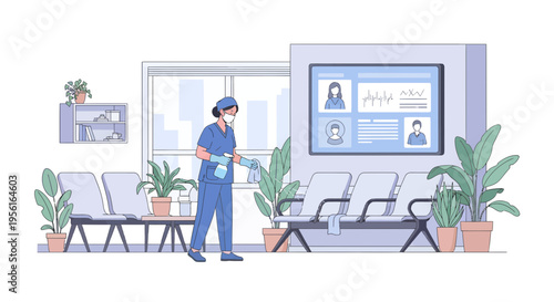 Nurse cleaning a medical waiting room with disinfectant spray.
