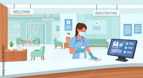 Nurse wearing mask and gloves cleaning desk surface.