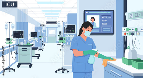 Nurse cleaning and disinfecting in hospital ICU.