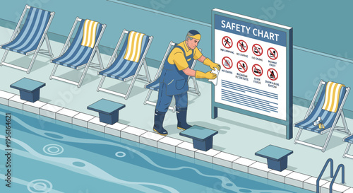 Pool attendant cleaning safety chart near swimming pool.