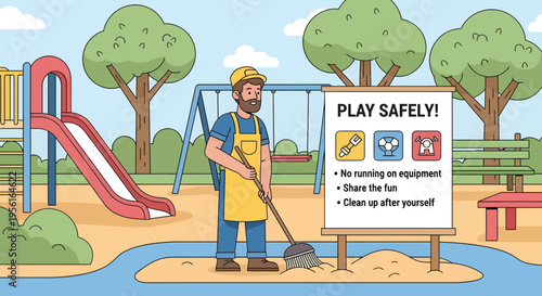 Playground supervisor cleaning sandbox with shovel and broom.