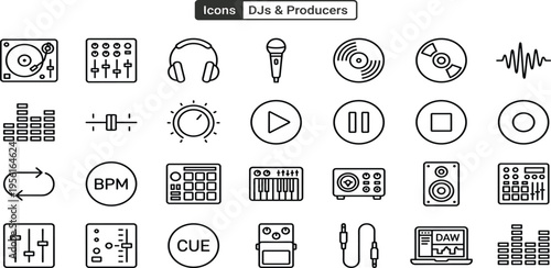 A comprehensive vector icon set featuring essential equipment and tools for professional DJs, music producers, and audio engineers, perfect for digital media projects