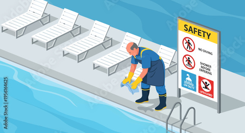 Pool maintenance worker cleaning poolside with yellow gloves.