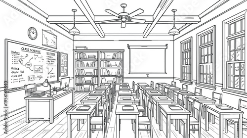 Detailed school classroom interior vector illustration featuring student desks teacher station whiteboard bookshelves and ceiling fan equipment.
