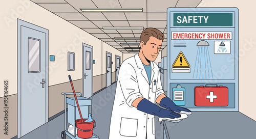 Scientist in Lab Coat Cleaning with Gloves and Wipes.