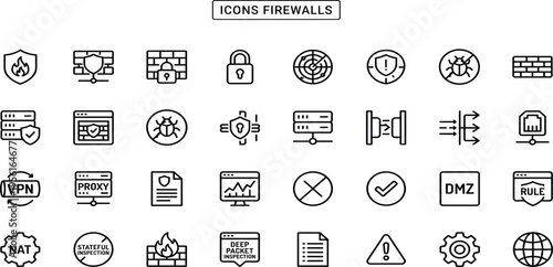Versatile collection of cybersecurity and network security vector icons, showcasing firewall, VPN, data protection, server, and malware defense for digital safety