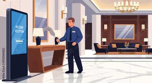 Security Guard Using Digital Kiosk in Hotel Lobby.