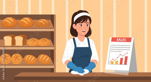 Smiling Baker Woman Wearing Apron and Gloves at Counter.