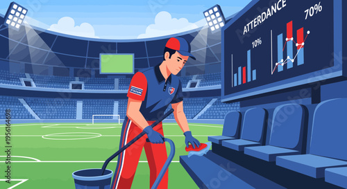 Stadium cleaner working diligently on seats during event.