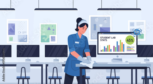 Woman cleaning computer desk in modern office setting.