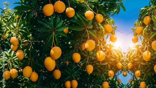 Lush tropical mango tree branches are heavily laden with an abundance of perfectly ripe, vibrant golden-orange mangoes, promising a delicious, sweet, and juicy harvest, symbolizing exotic freshness