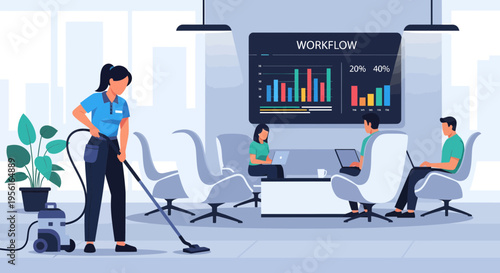 Woman cleaning office with vacuum cleaner and equipment.