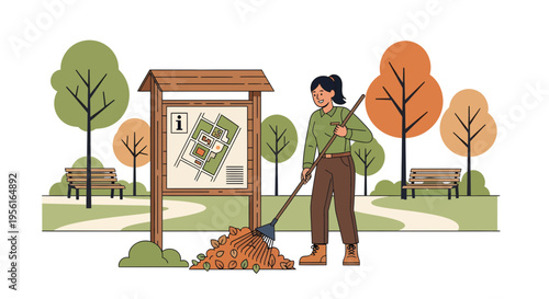 Woman cleaning park leaves with rake near information board.