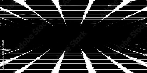 A futuristic black and white abstract grunge background featuring a vector grid pattern with light blue lines and a fractal motion texture for web business design