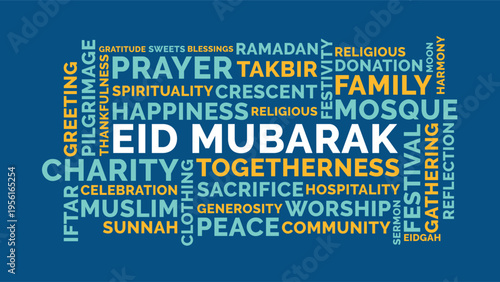 Eid Mubarak Word Cloud Design for Poster, Greeting Card, Banner. Eid Mubarak bold blue gold typography