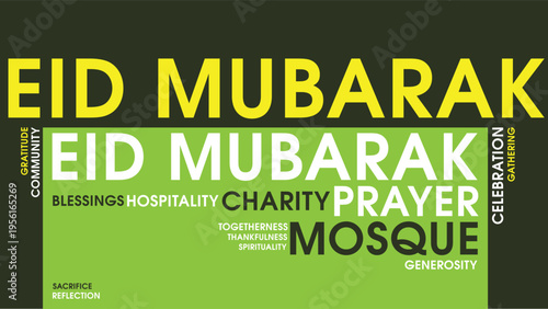 Eid Mubarak Word Cloud Design for Poster, Banner, Greeting Card. Eid Mubarak green bold contrast typography