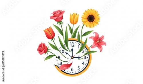 Time growth concept vector clock with blooming flowers colorful symbolic illustration