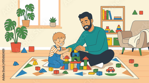 Father and Son Happily Playing with Colorful Blocks in a Bright Room