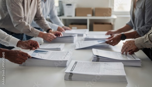 Medium shot of a team collating specialized research articles for a special journal issue emphasizing focused hands and slightly blurred assembly area