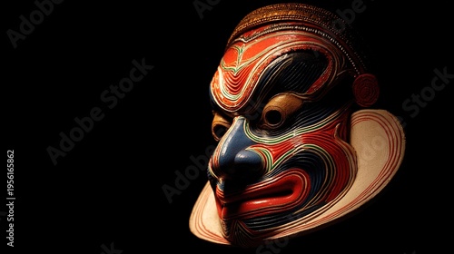 kathakali. A detailed and colorful Kathakali dance mask with exaggerated expression. event programs, museum guides, designed for cultural heritage projects and event programs, supports education.