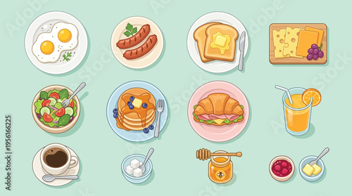 A collection of various breakfast and brunch food items, drinks, and condiments arranged neatly on a light green background, featuring eggs, sausages, toast, pancakes, and coffee.