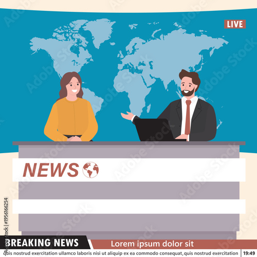 Professional news anchors, man and woman talking and presenting live broadcast from modern studio. World map on background and Breaking News ticker. Live stream.