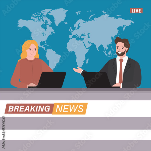 Professional news anchors, man and woman talking and presenting live broadcast from modern studio. World map on background and Breaking News ticker. Live stream.