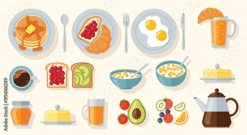Flat lay illustration of a diverse breakfast spread with pancakes, eggs, toast, coffee, juice, and fresh fruit.