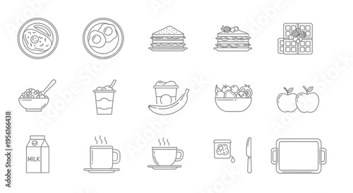 A collection of line art icons depicting various breakfast foods, drinks, and snacks such as eggs, pancakes, fruit, coffee, and milk.