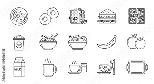 Line art icons of breakfast foods, drinks, and related items including eggs, donuts, waffles, fruit, coffee, and milk, presented in a grid.