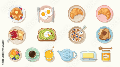 A top-down view of various breakfast items including pancakes, fried eggs, croissants, toast, cereal, fruit, coffee, juice, and condiments.
