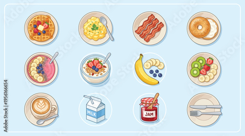 Colorful illustrations of various breakfast foods and drinks, including waffles, eggs, bacon, bagels, fruit bowls, coffee, milk, and jam, on a light blue background.