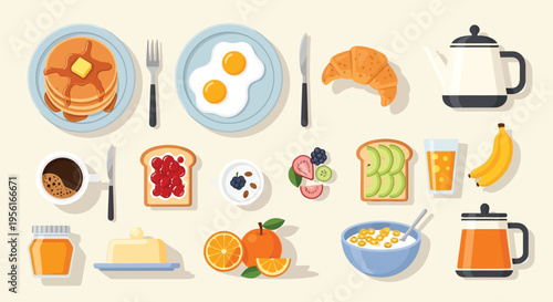 A vibrant flat lay illustration showcasing a diverse spread of classic breakfast foods and beverages, including pancakes, eggs, toast, fruit, and coffee.