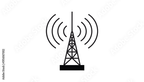 Minimalist vector icon of a telecommunications tower with signal waves for broadcasting and wireless network connectivity