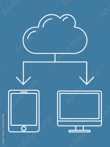 minimalist blue vector illustration of cloud data transfer to tablet and desktop monitor for cross platform synchronization technology