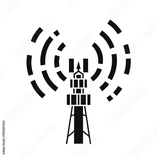 industrial black vector icon of a telecommunications tower with dashed signal waves for broadcast and cellular network infrastructure