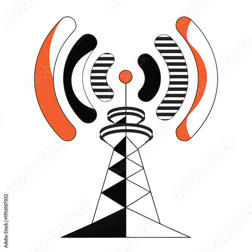 modern geometric vector illustration of a telecommunications tower with orange signal waves for wireless 5G network broadcasting
