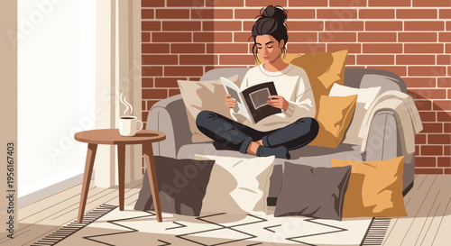 Woman reading a book comfortably on a chair.